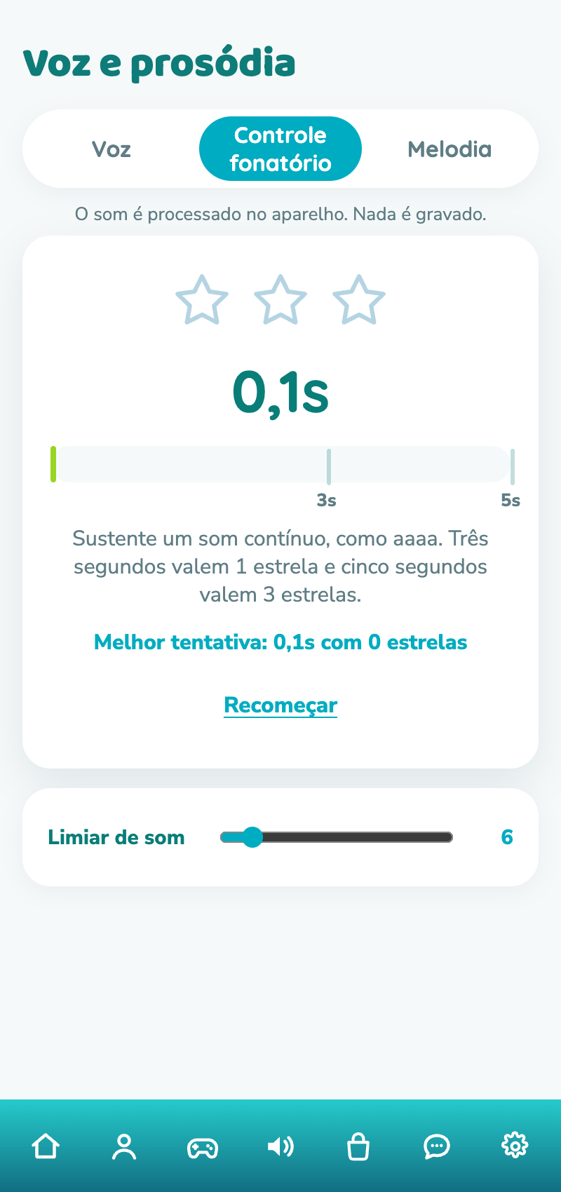 Tela real do app: controle fonatório com cronômetro