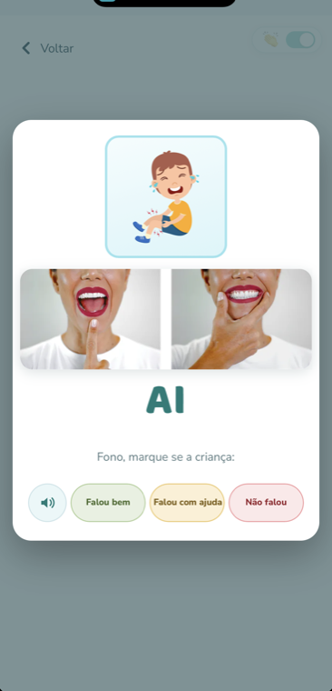 Tela real do app: card da palavra com a boca da Letícia e o registro de produção