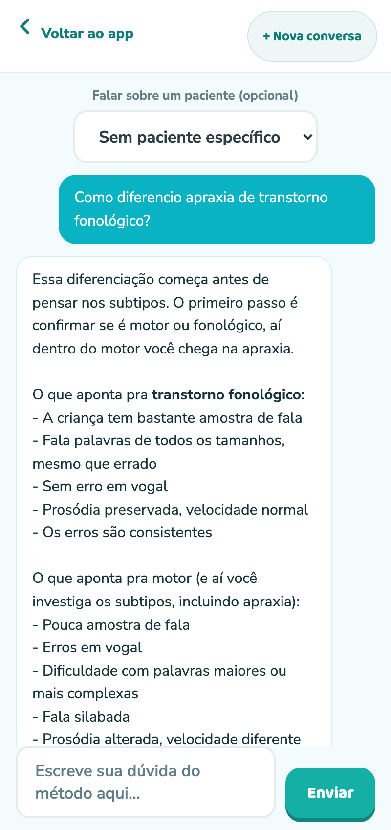Tela real da LeticIA respondendo que não substitui o raciocínio clínico da fono