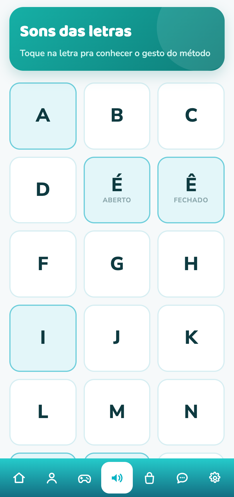 Tela real do app: sons das letras