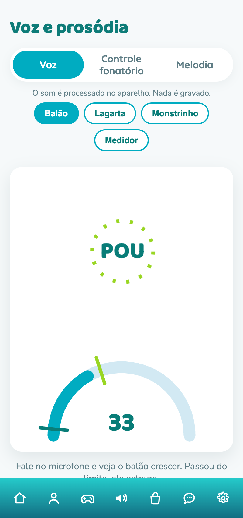 Tela real do app: jogo de voz e intensidade