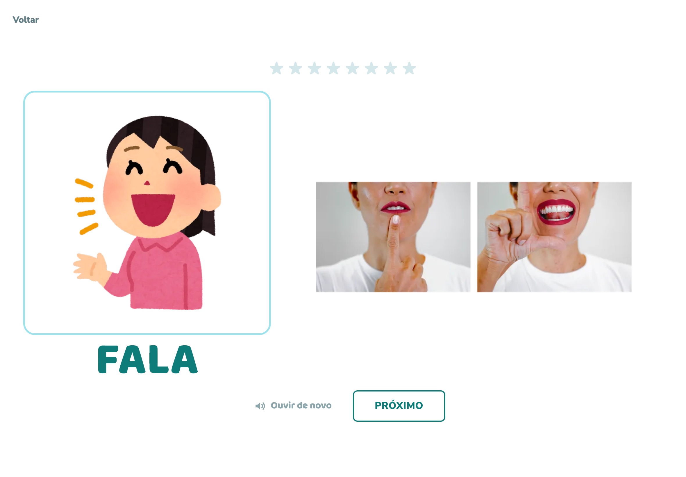 O app no notebook: jogo de pareamento com figura, palavra e a boca da Letícia