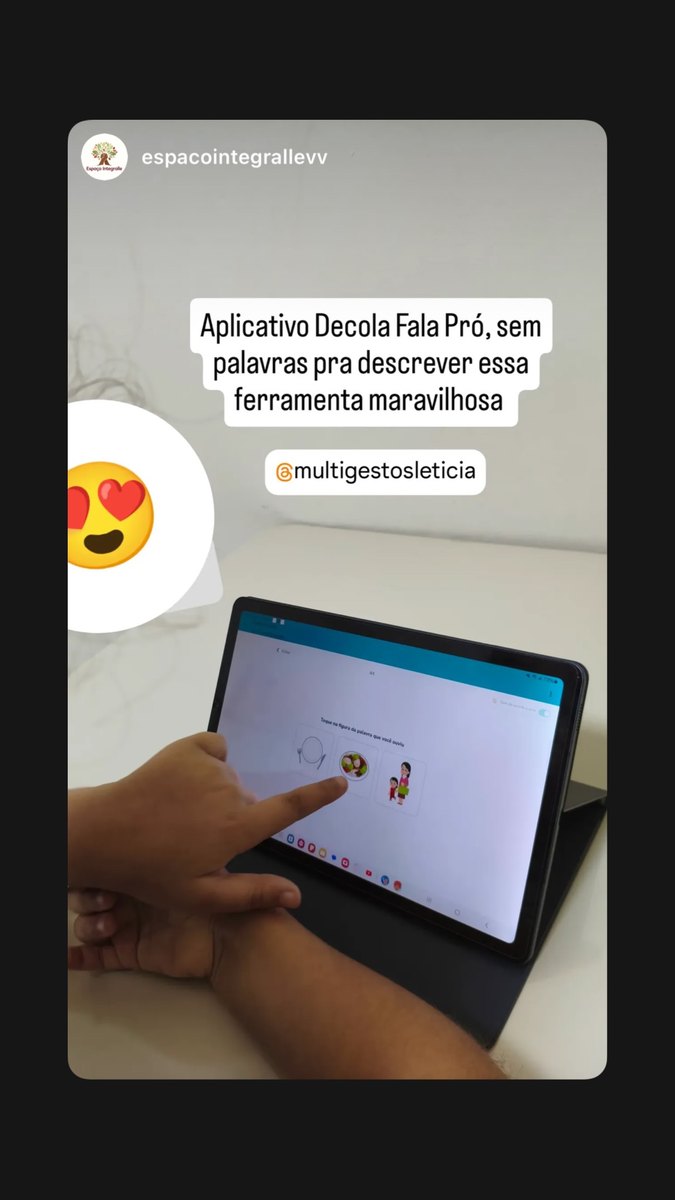 Story de uma clínica de fonoaudiologia usando o app Decola Fala PRO com uma criança no tablet: sem palavras pra descrever essa ferramenta maravilhosa